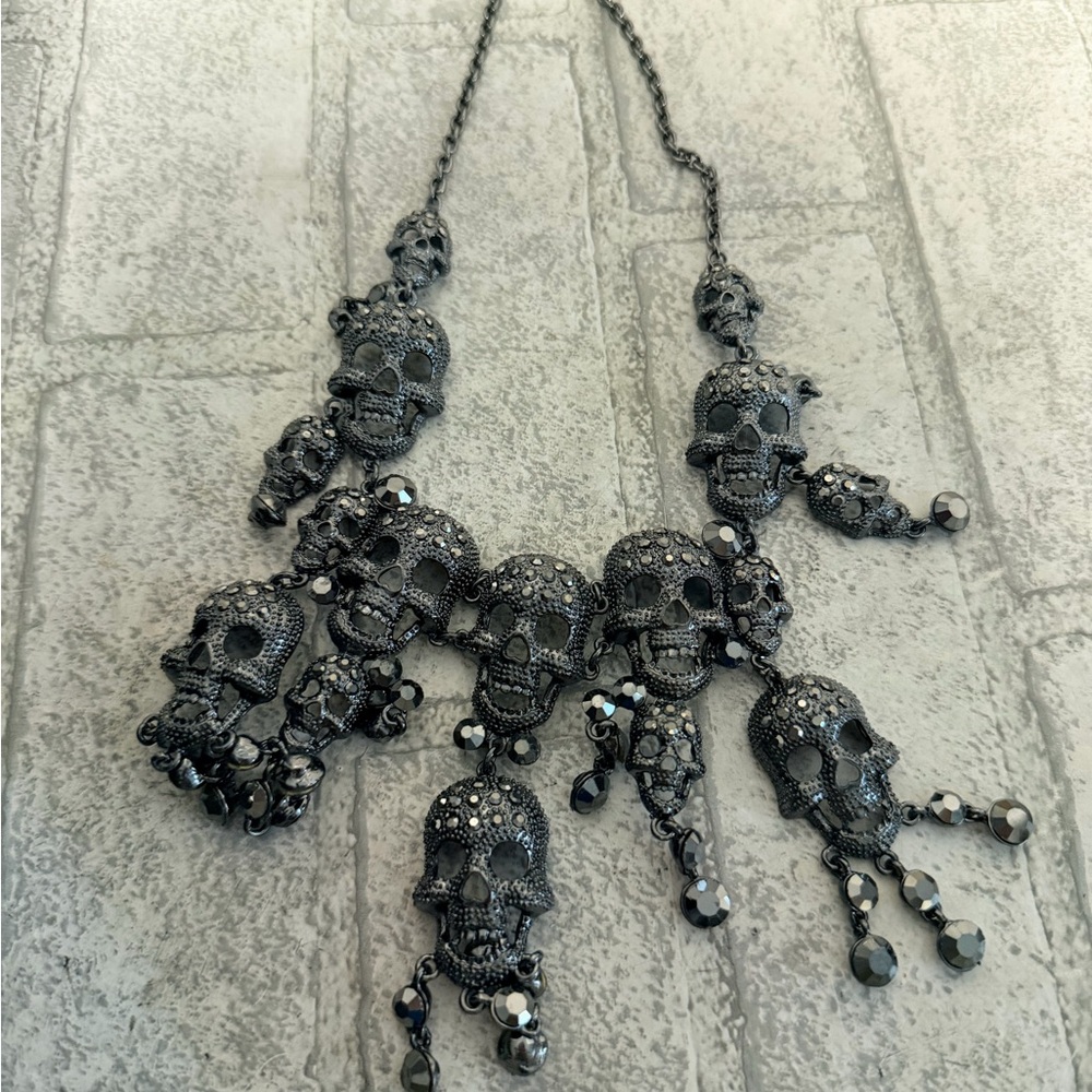 NATASHA Heavy Multi-Skull Statement Drop Necklace Halloween Goth Punk Emo